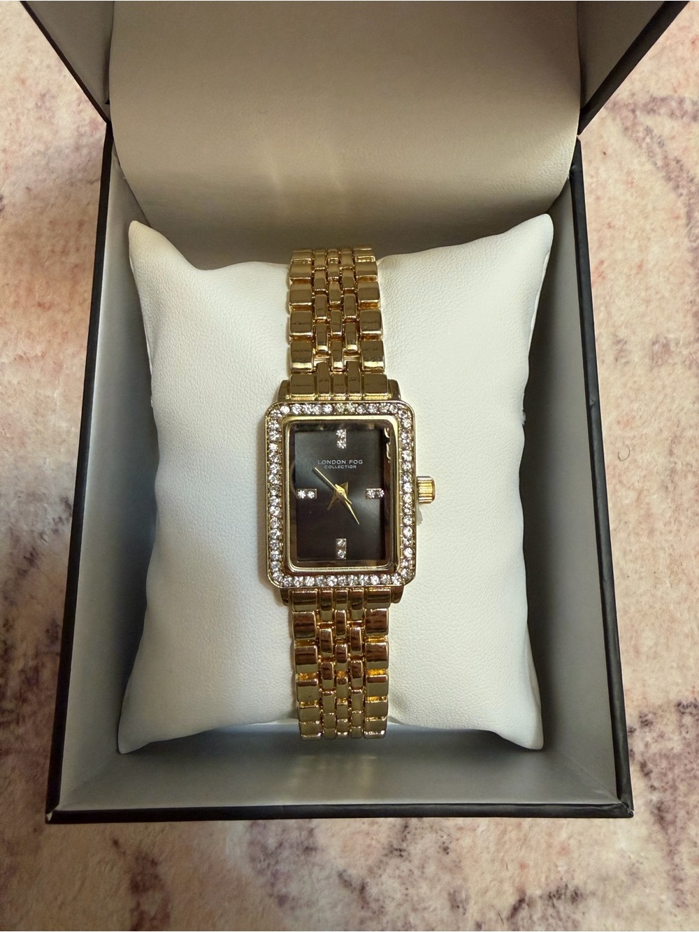London Fog Gold Tone Watch with Black Dial and Crystal Bezel